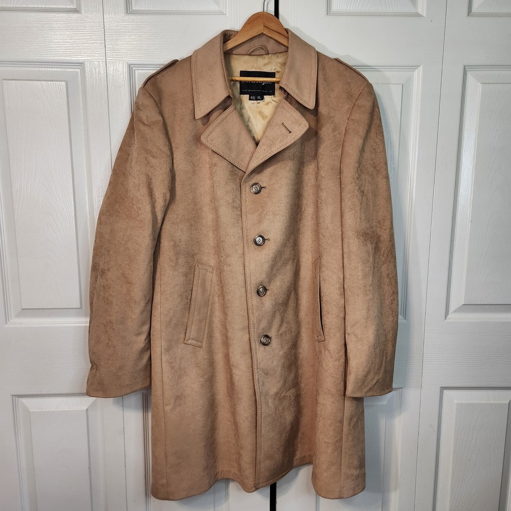 Vintage Stratojac Tan Faux Suede Car Coat Mens 46 XL Epaulets Herringbone Lining